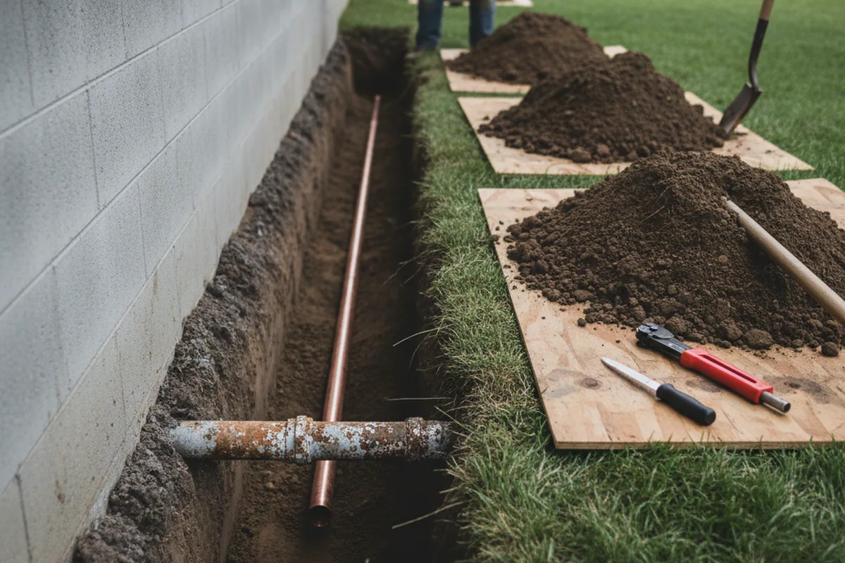 Excavated water line trench during Water Heater Repair in Snover